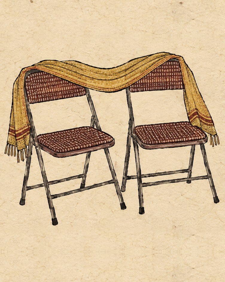 Two plain folding chairs set close together, a soft shawl laid across both their backs, drawn in loose folk ink and soft washes on cream handmade paper.