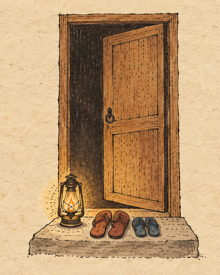 A plain wooden door standing half open, a lit lantern on the step and two pairs of worn chappals beside it, one large and one small, drawn in loose folk ink on cream handmade paper.