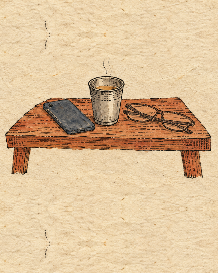 A mobile phone lying face down on a low wooden table beside a steel tumbler of tea and a pair of folded reading glasses, drawn in loose folk ink and soft washes on cream handmade paper.