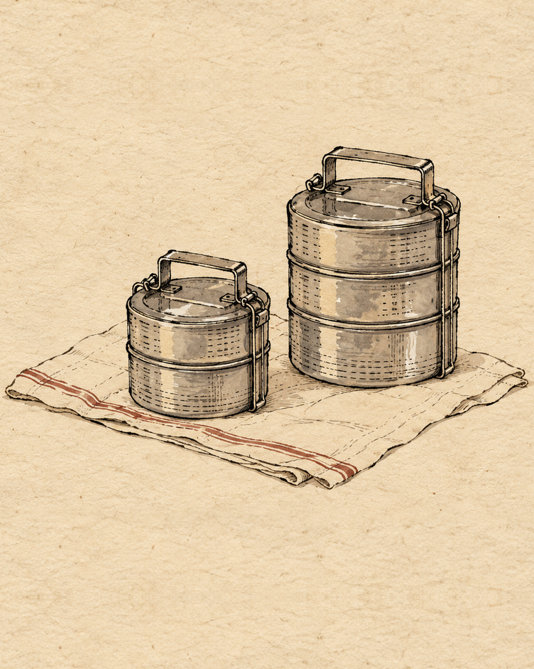 Two steel tiffin boxes, one small and one larger, packed and set a little apart on a plain cloth, drawn in loose folk ink and soft washes on cream handmade paper.