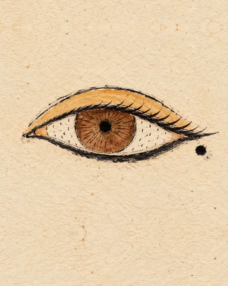 A single calm eye drawn in loose black folk ink on cream handmade paper, its lid washed in turmeric ochre and its lower lid lined with kajal, a small black kajal dot just beside the outer corner.
