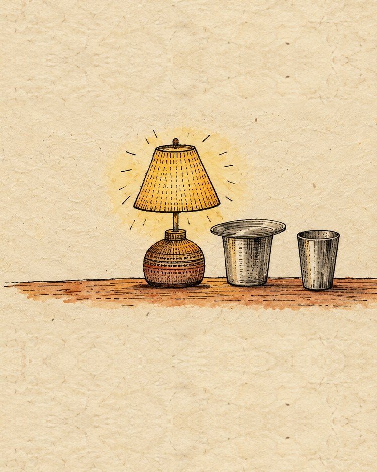 A small table lamp left on beside two steel tumblers, one covered with a small steel plate, drawn in loose folk ink and soft washes on cream handmade paper.