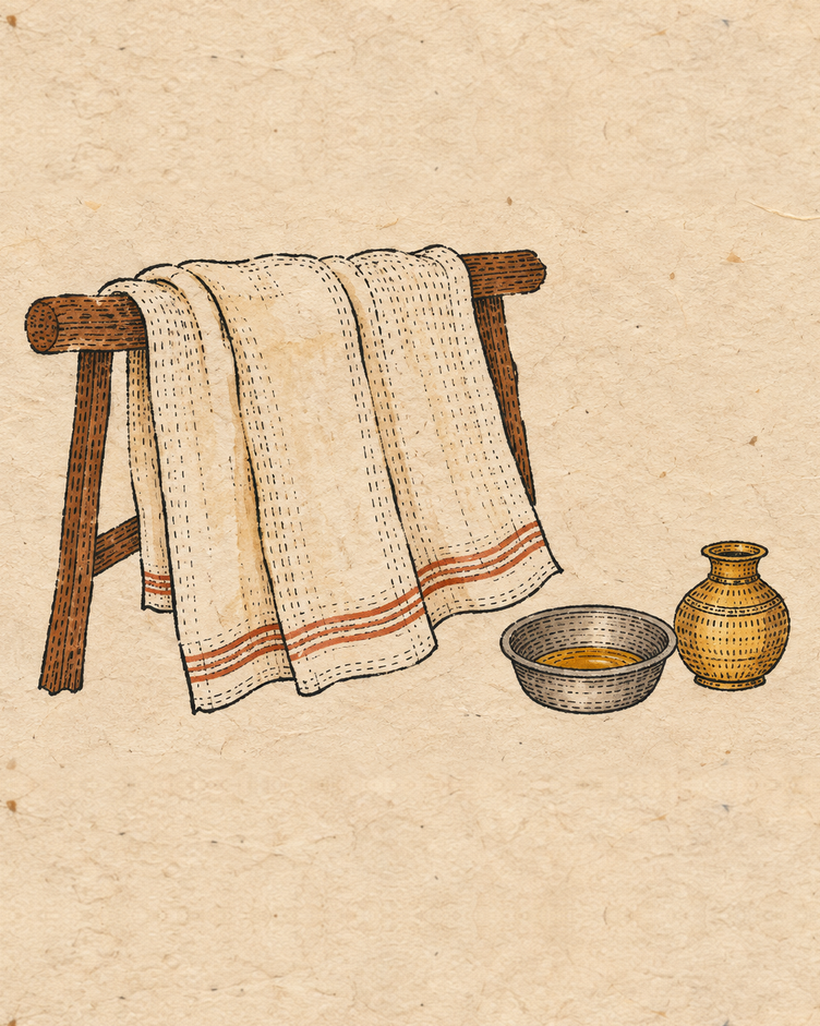 A folded cotton towel, a small steel bowl of oil and a small brass pot, drawn in loose folk ink and soft washes on cream handmade paper.